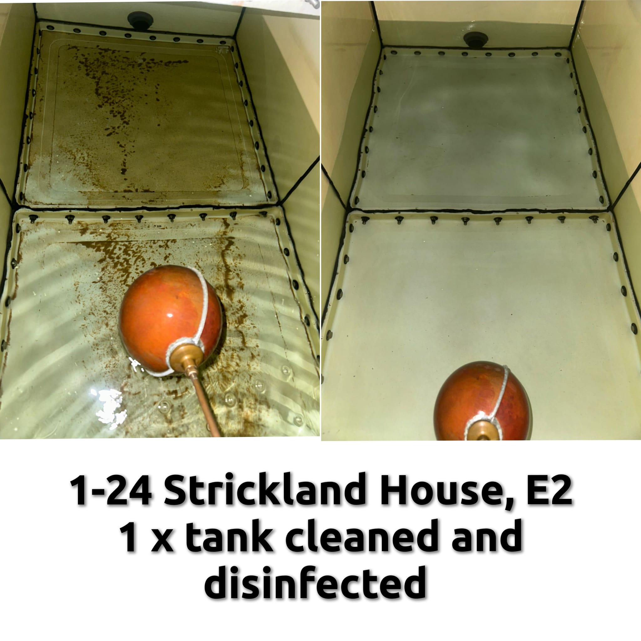 Cold water storage tank before cleaning on the left and after cleaning on the right